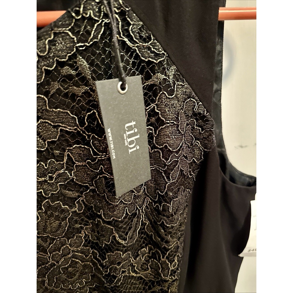 New TIBI Women's Sleeveless Gold & Black Metallic Lace Cocktail Mini Dress 6